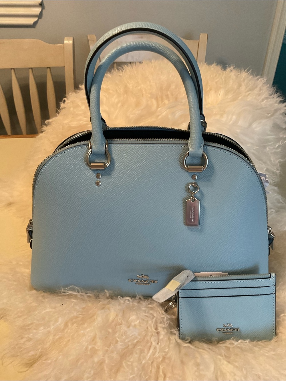 New Coach Katy Satchel Double Zip & Matching Card Case Waterfall Blue NWT - Picture 8 of 12